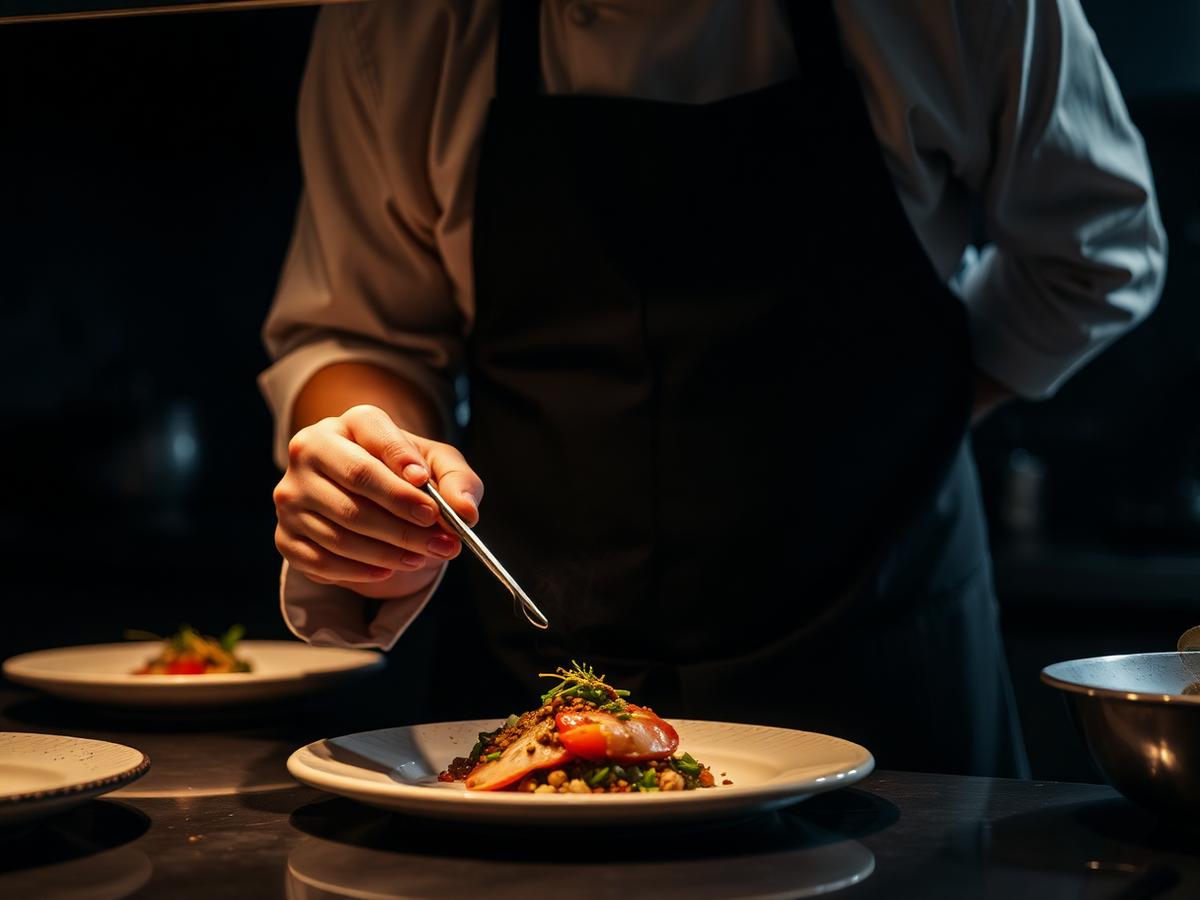Chef plating a dish with tweezers in a dark professional kitchen